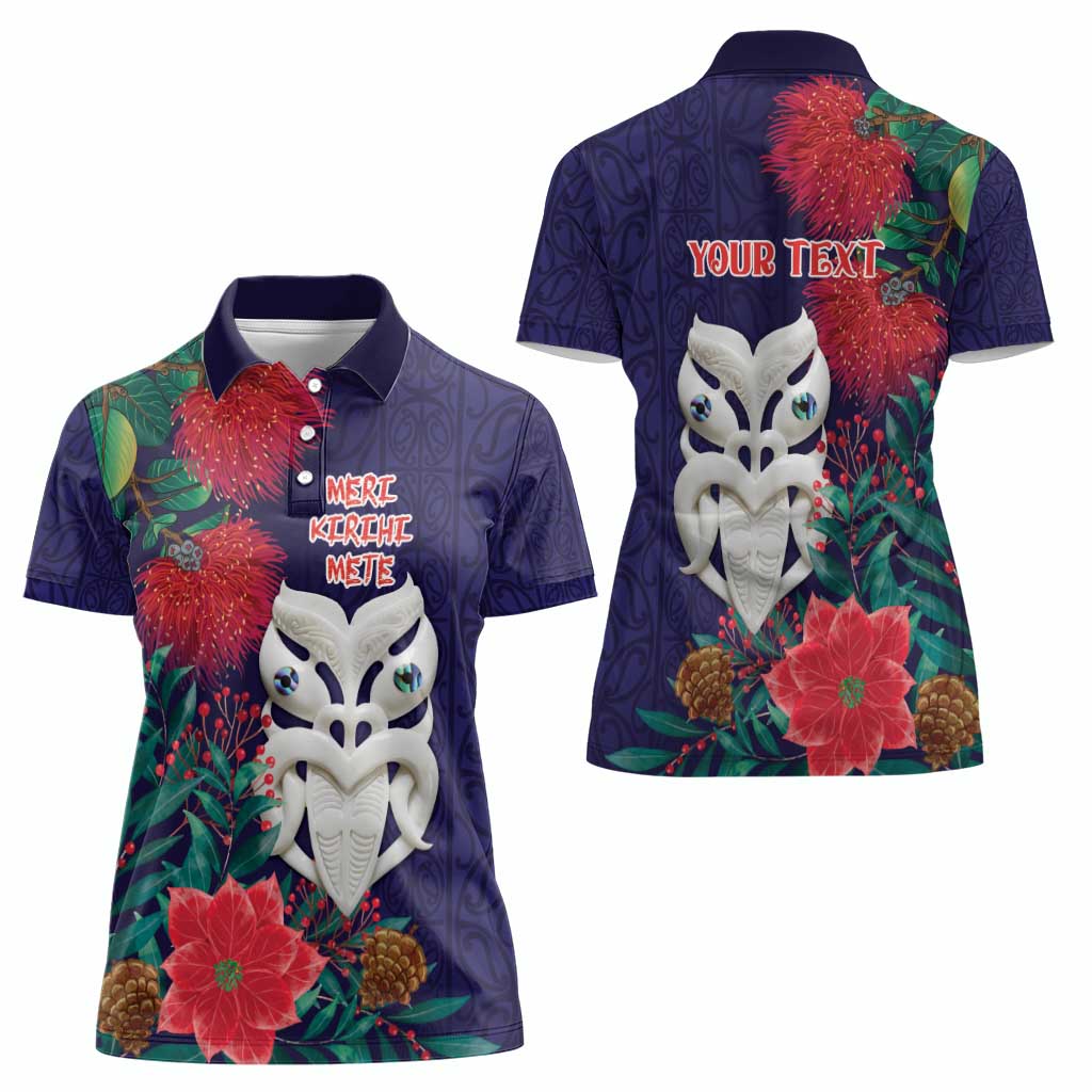 Maori Wheku Meri Kirihimete Personalised Women Polo Shirt All Blue Indigenous Maori Motif - Aussie Hoodie