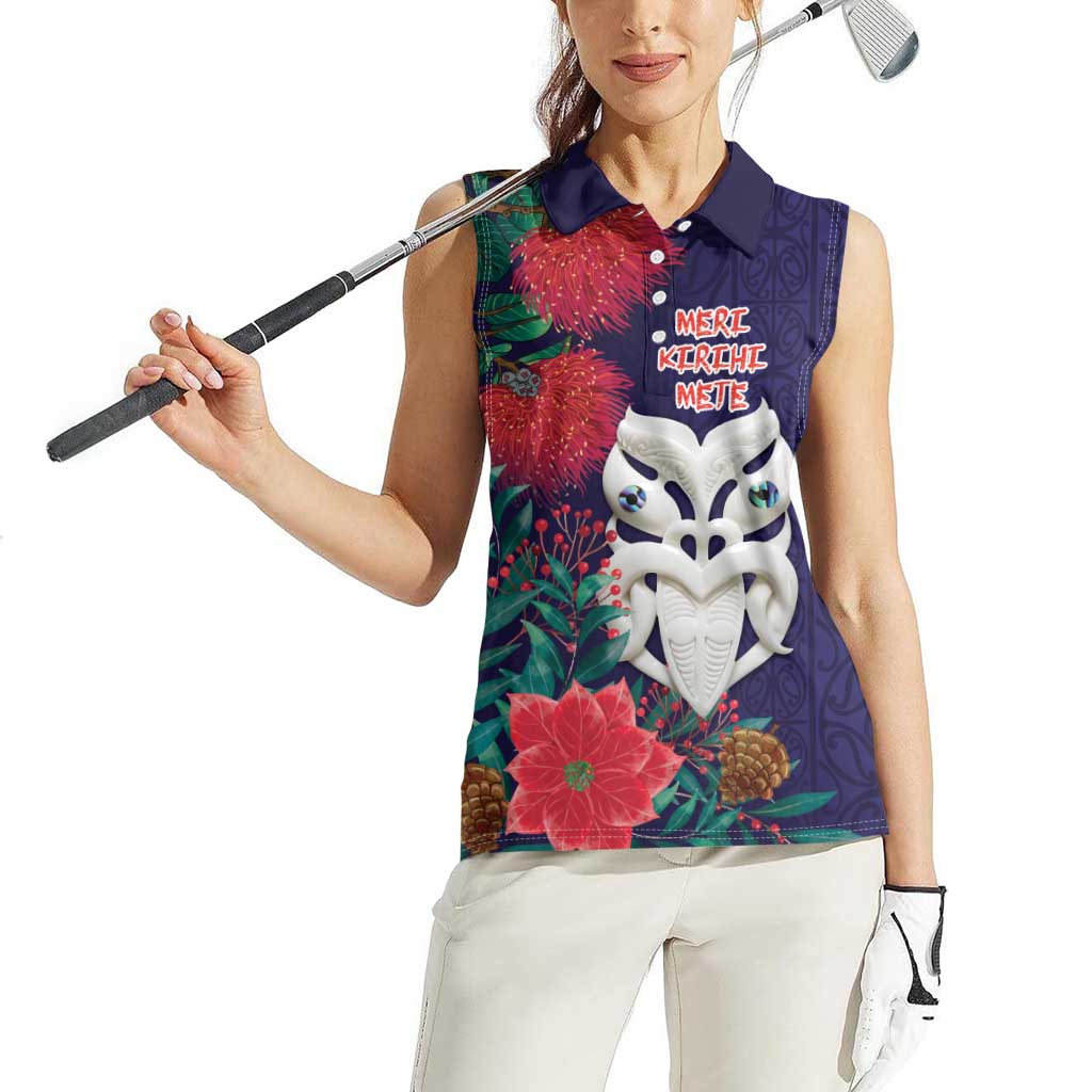 Maori Wheku Meri Kirihimete Personalised Women Sleeveless Polo Shirt All Blue Indigenous Maori Motif - Aussie Hoodie