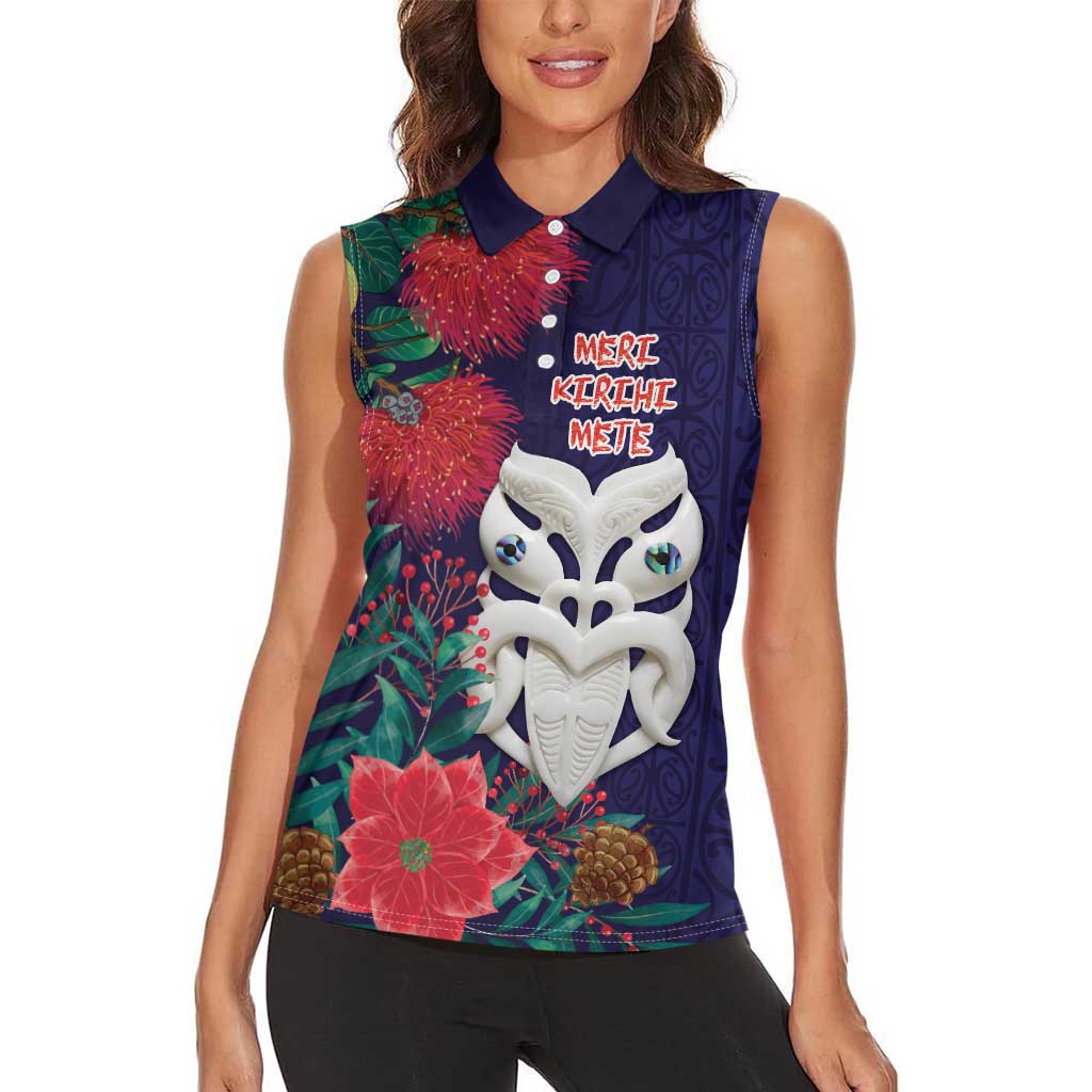 Maori Wheku Meri Kirihimete Personalised Women Sleeveless Polo Shirt All Blue Indigenous Maori Motif - Aussie Hoodie