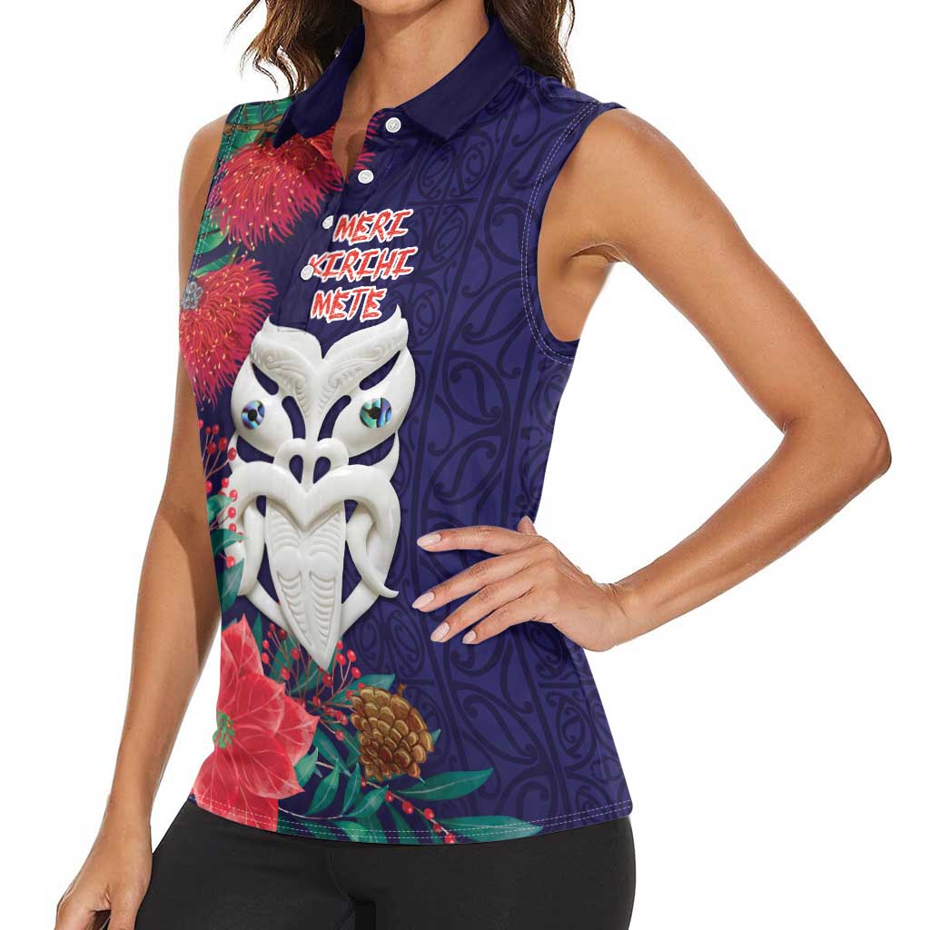 Maori Wheku Meri Kirihimete Personalised Women Sleeveless Polo Shirt All Blue Indigenous Maori Motif - Aussie Hoodie