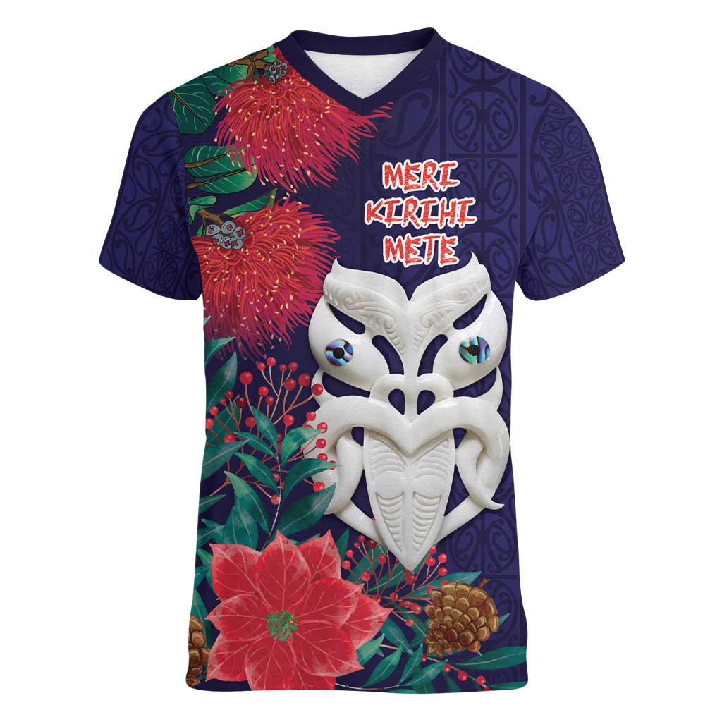 Maori Wheku Meri Kirihimete Personalised Women V-Neck T-Shirt All Blue Indigenous Maori Motif - Aussie Hoodie