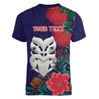 Maori Wheku Meri Kirihimete Personalised Women V-Neck T-Shirt All Blue Indigenous Maori Motif - Aussie Hoodie
