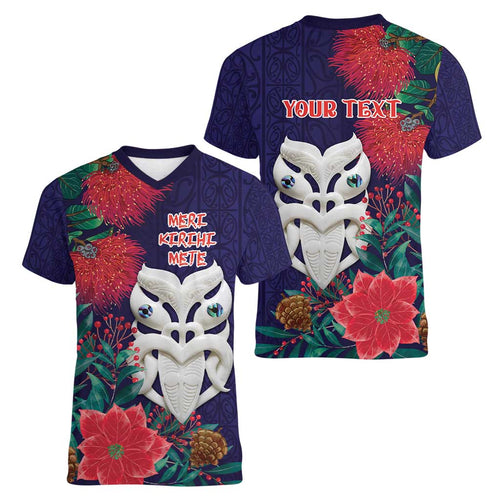 Maori Wheku Meri Kirihimete Personalised Women V-Neck T-Shirt All Blue Indigenous Maori Motif - Aussie Hoodie