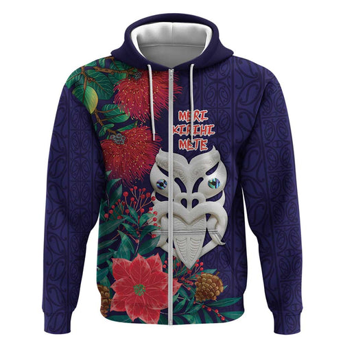 Maori Wheku Meri Kirihimete Personalised Zip Hoodie All Blue Indigenous Maori Motif - Aussie Hoodie