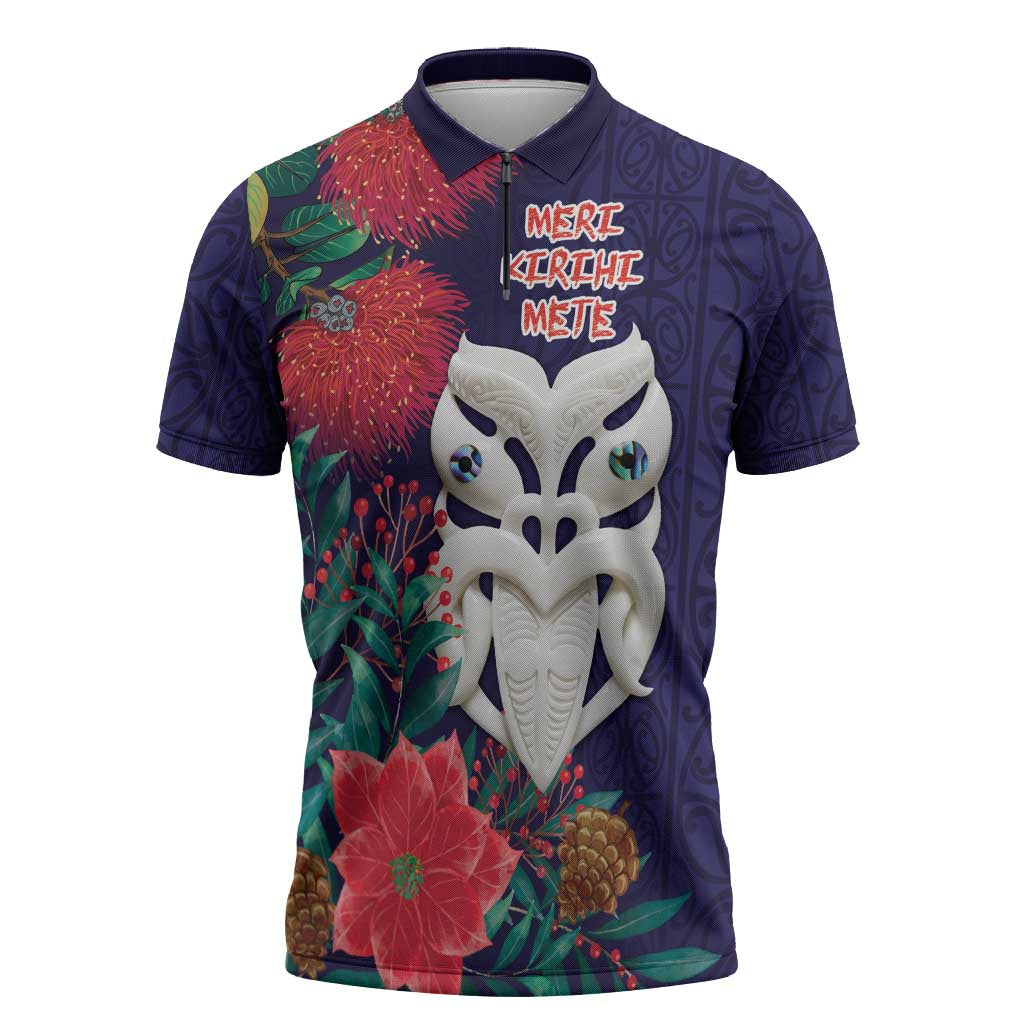 Maori Wheku Meri Kirihimete Personalised Zipper Polo Shirt All Blue Indigenous Maori Motif - Aussie Hoodie
