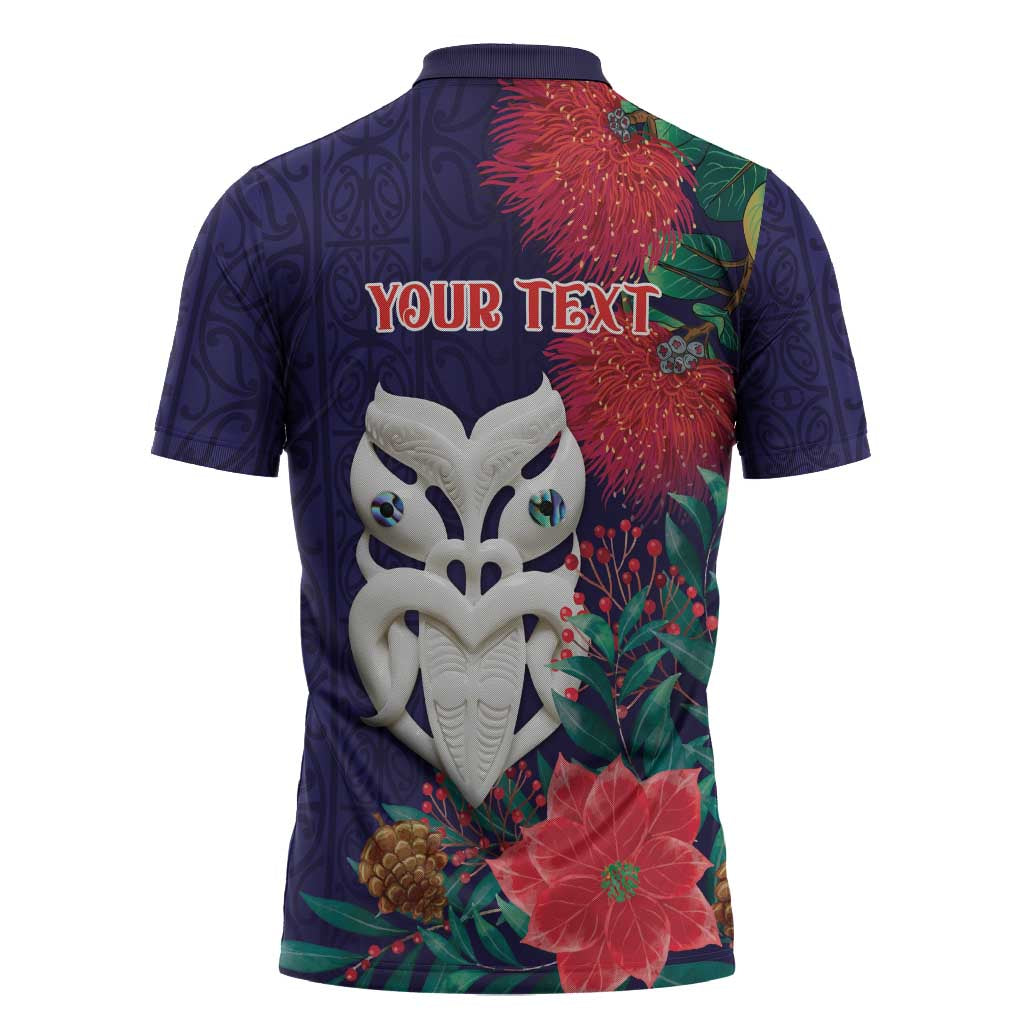 Maori Wheku Meri Kirihimete Personalised Zipper Polo Shirt All Blue Indigenous Maori Motif - Aussie Hoodie