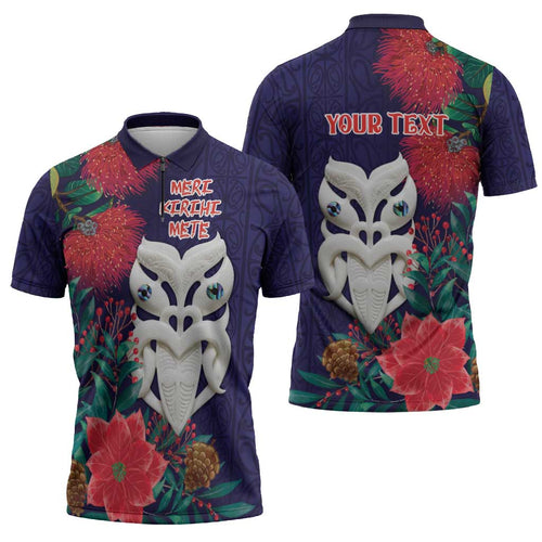 Maori Wheku Meri Kirihimete Personalised Zipper Polo Shirt All Blue Indigenous Maori Motif - Aussie Hoodie