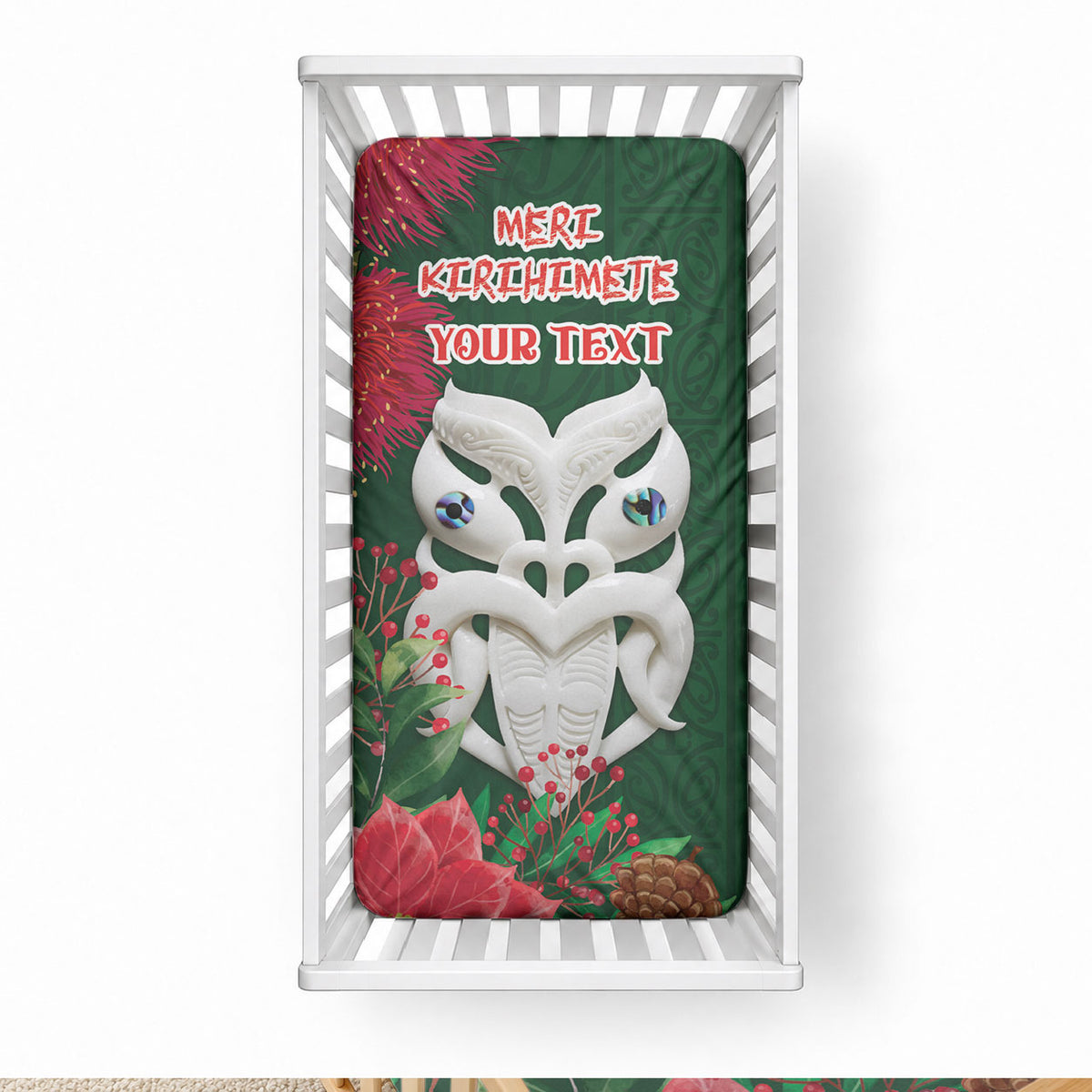Maori Wheku Meri Kirihimete Personalised Baby Bed Cover All Green Indigenous Maori Motif