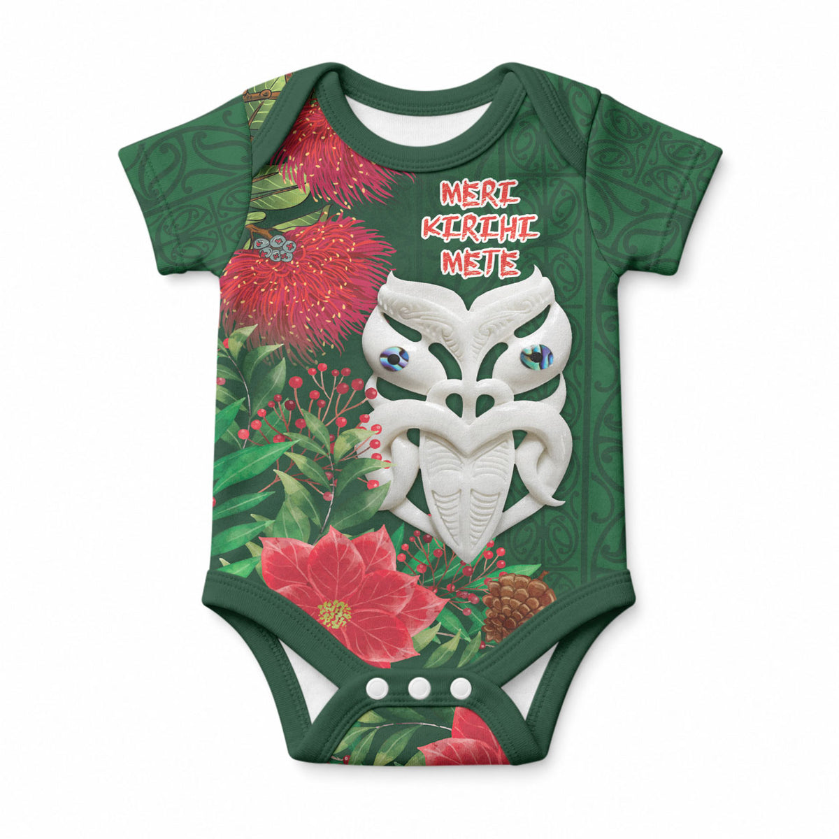 Maori Wheku Meri Kirihimete Personalised Baby Onesie All Green Indigenous Maori Motif