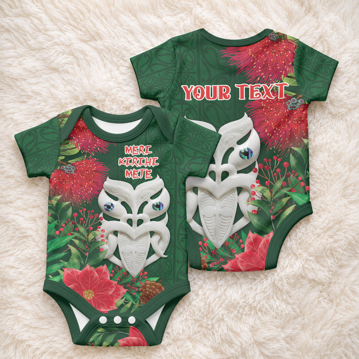 Maori Wheku Meri Kirihimete Personalised Baby Onesie All Green Indigenous Maori Motif