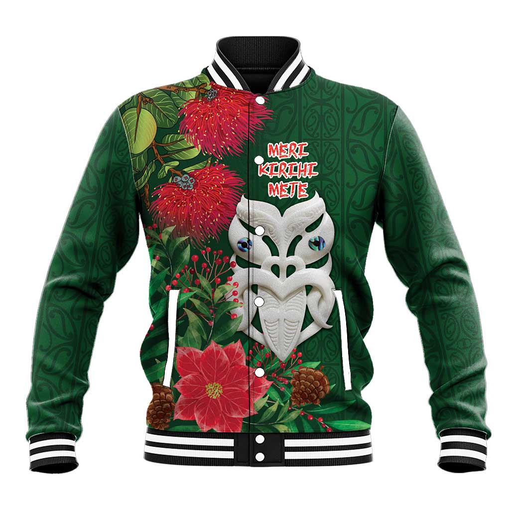 Maori Wheku Meri Kirihimete Personalised Baseball Jacket All Green Indigenous Maori Motif - Aussie Hoodie