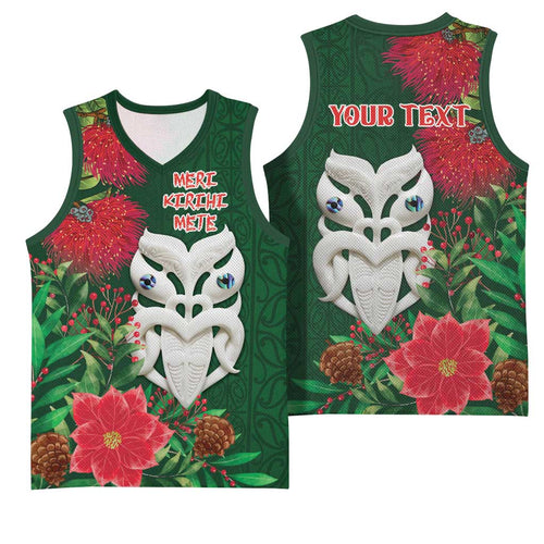 Maori Wheku Meri Kirihimete Personalised Basketball Jersey All Green Indigenous Maori Motif - Aussie Hoodie