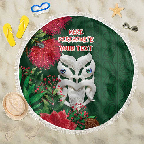 Maori Wheku Meri Kirihimete Personalised Beach Blanket All Green Indigenous Maori Motif - Aussie Hoodie