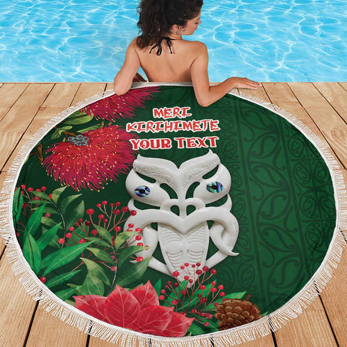 Maori Wheku Meri Kirihimete Personalised Beach Blanket All Green Indigenous Maori Motif - Aussie Hoodie