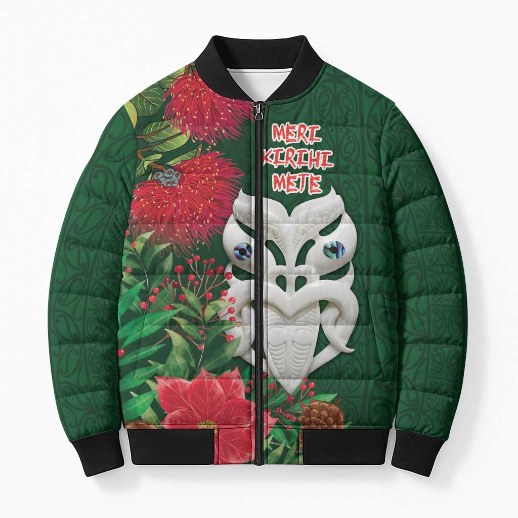 Maori Wheku Meri Kirihimete Personalised Bomber Puffer Jacket All Green Indigenous Maori Motif - Aussie Hoodie