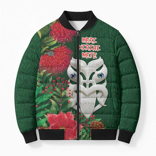 Maori Wheku Meri Kirihimete Personalised Bomber Puffer Jacket All Green Indigenous Maori Motif - Aussie Hoodie