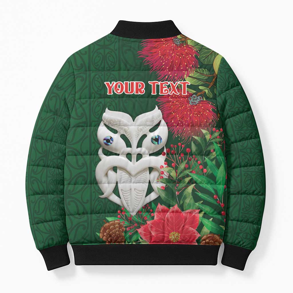 Maori Wheku Meri Kirihimete Personalised Bomber Puffer Jacket All Green Indigenous Maori Motif - Aussie Hoodie
