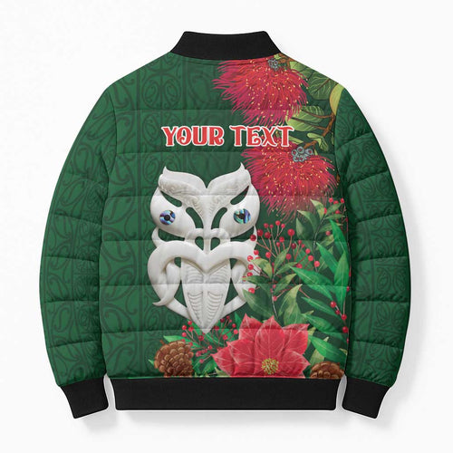 Maori Wheku Meri Kirihimete Personalised Bomber Puffer Jacket All Green Indigenous Maori Motif - Aussie Hoodie