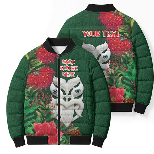 Maori Wheku Meri Kirihimete Personalised Bomber Puffer Jacket All Green Indigenous Maori Motif - Aussie Hoodie