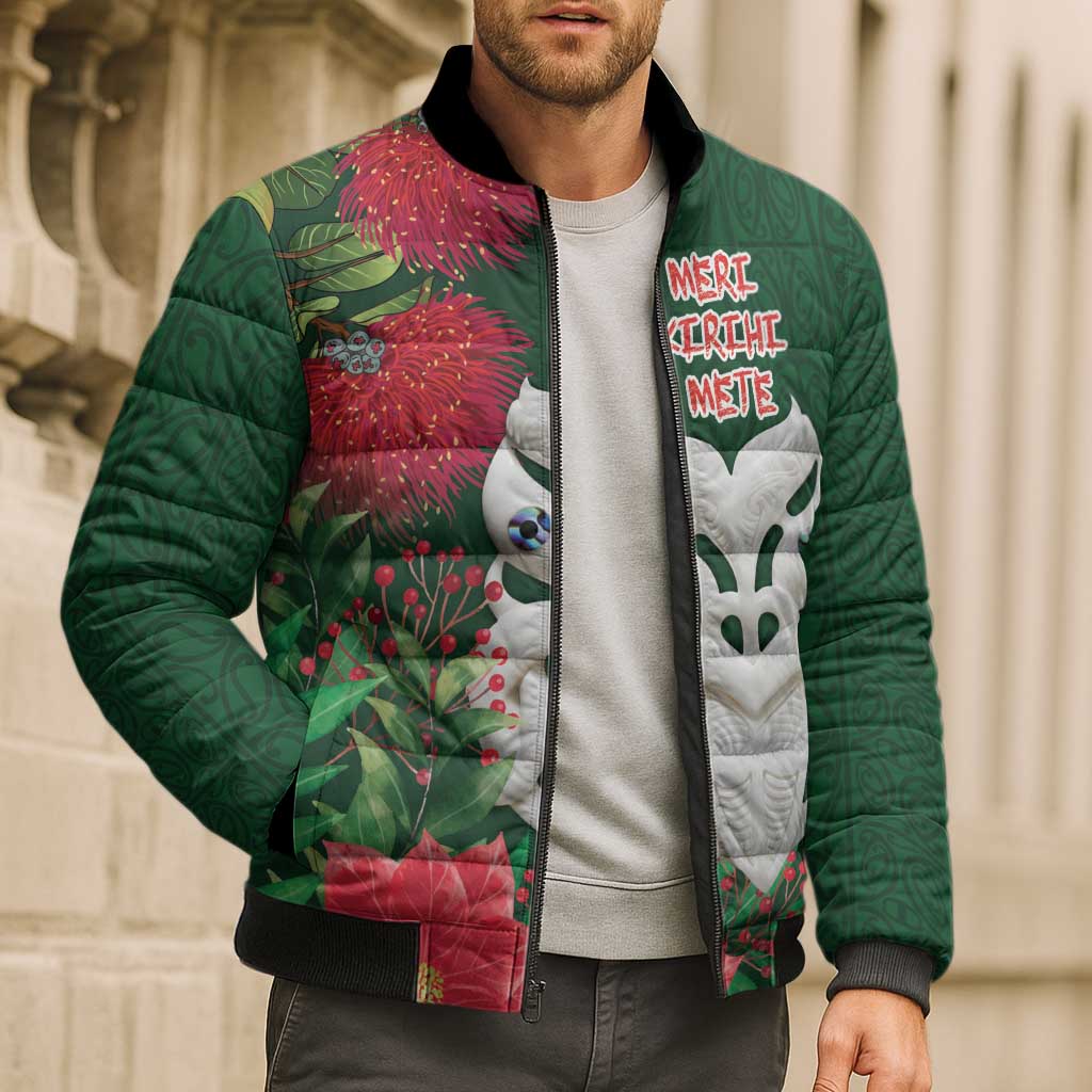 Maori Wheku Meri Kirihimete Personalised Bomber Puffer Jacket All Green Indigenous Maori Motif - Aussie Hoodie