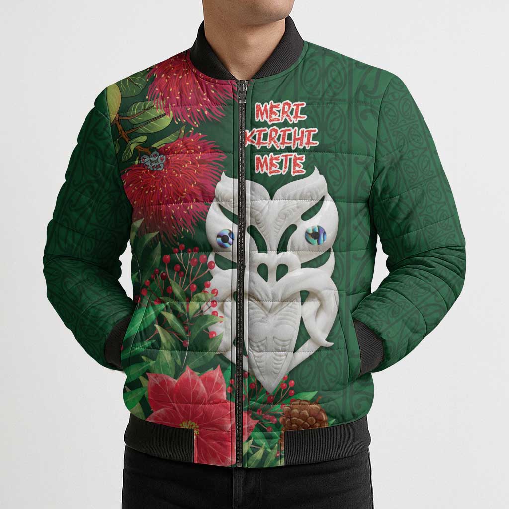 Maori Wheku Meri Kirihimete Personalised Bomber Puffer Jacket All Green Indigenous Maori Motif - Aussie Hoodie