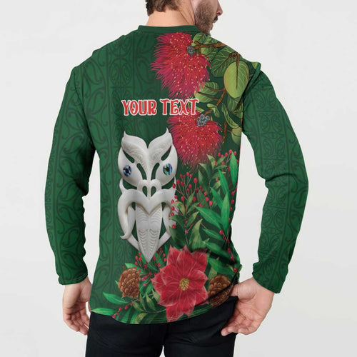 Maori Wheku Meri Kirihimete Personalised Button Sweatshirt All Green Indigenous Maori Motif - Aussie Hoodie