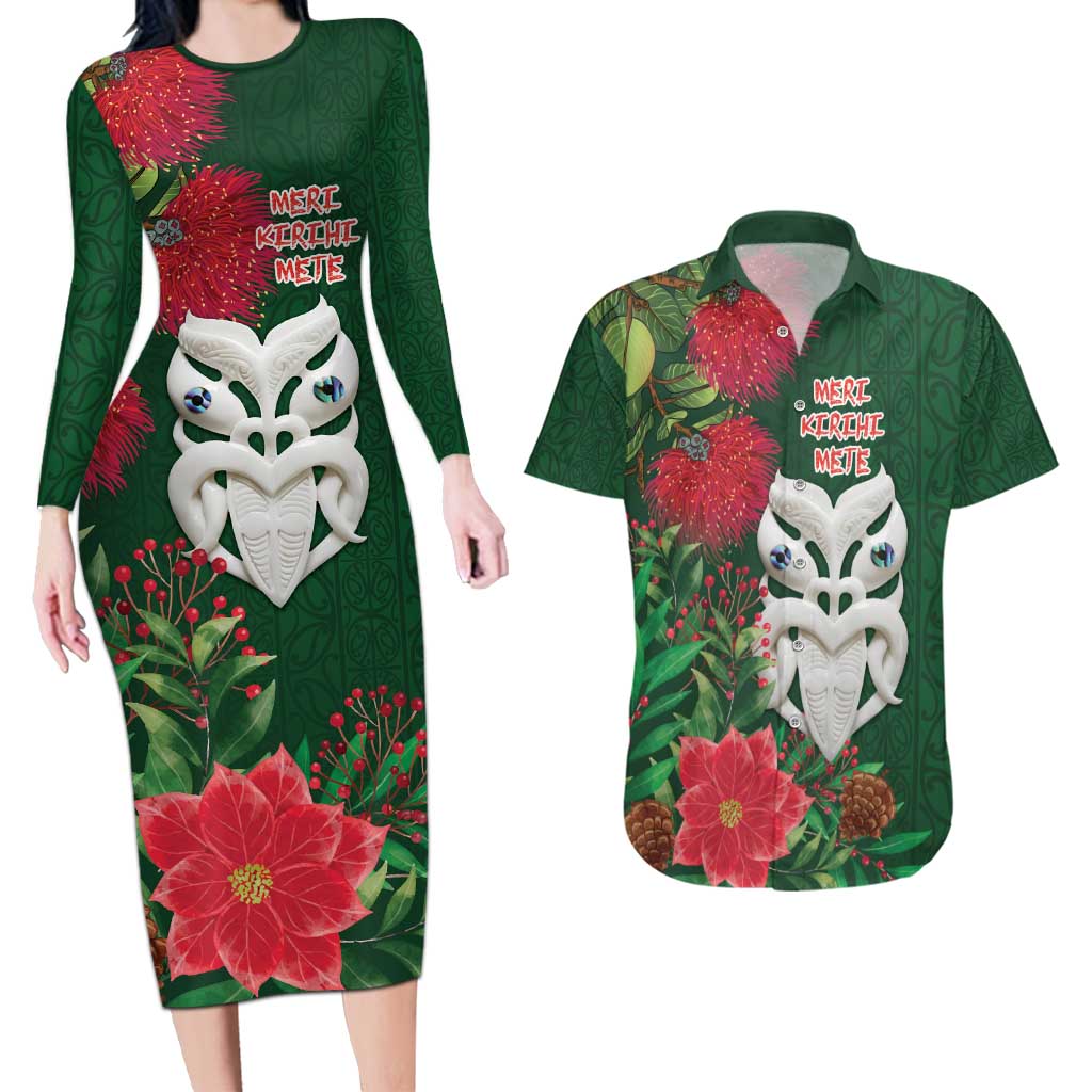 Maori Wheku Meri Kirihimete Personalised Couples Matching Long Sleeve Bodycon Dress and Hawaiian Shirt All Green Indigenous Maori Motif - Aussie Hoodie