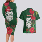 Maori Wheku Meri Kirihimete Personalised Couples Matching Long Sleeve Bodycon Dress and Hawaiian Shirt All Green Indigenous Maori Motif - Aussie Hoodie