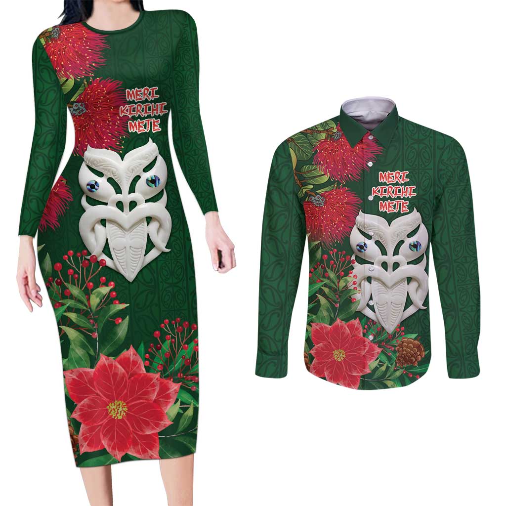 Maori Wheku Meri Kirihimete Personalised Couples Matching Long Sleeve Bodycon Dress and Long Sleeve Button Shirt All Green Indigenous Maori Motif - Aussie Hoodie