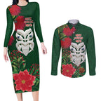 Maori Wheku Meri Kirihimete Personalised Couples Matching Long Sleeve Bodycon Dress and Long Sleeve Button Shirt All Green Indigenous Maori Motif - Aussie Hoodie