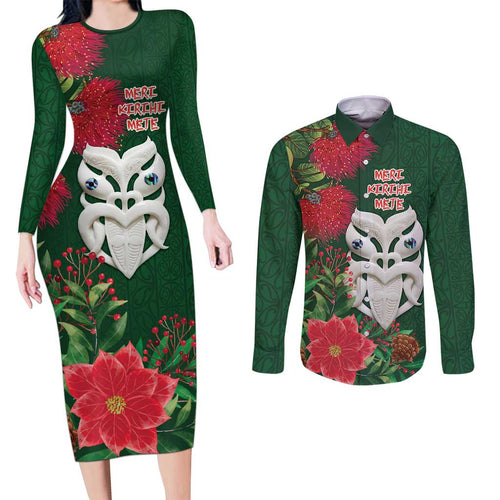 Maori Wheku Meri Kirihimete Personalised Couples Matching Long Sleeve Bodycon Dress and Long Sleeve Button Shirt All Green Indigenous Maori Motif - Aussie Hoodie