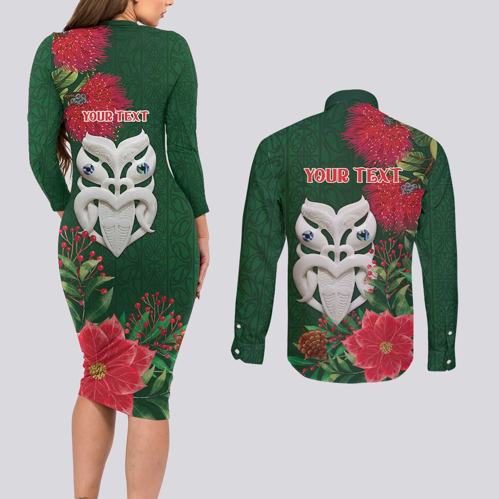 Maori Wheku Meri Kirihimete Personalised Couples Matching Long Sleeve Bodycon Dress and Long Sleeve Button Shirt All Green Indigenous Maori Motif - Aussie Hoodie