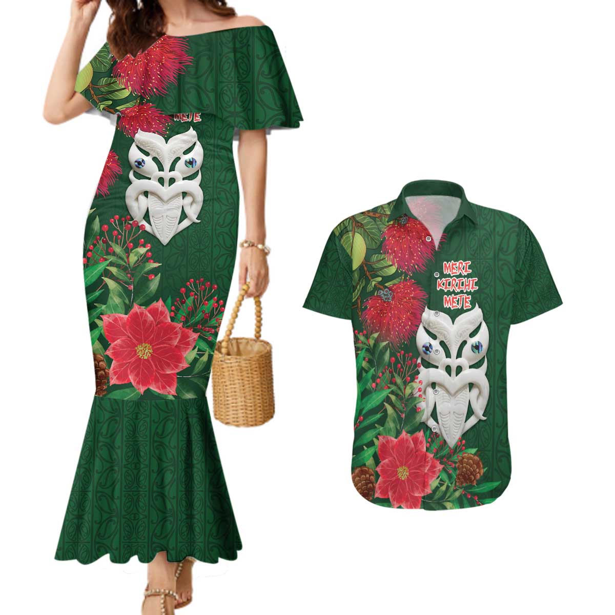Maori Wheku Meri Kirihimete Personalised Couples Matching Mermaid Dress and Hawaiian Shirt All Green Indigenous Maori Motif - Aussie Hoodie