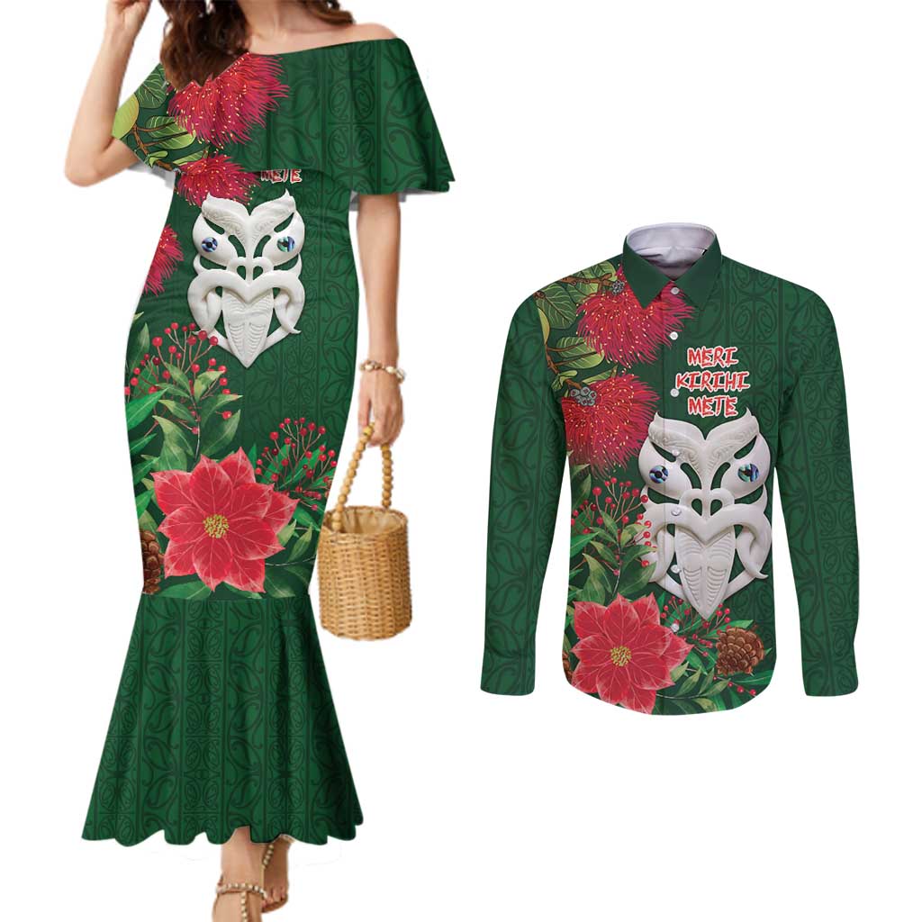 Maori Wheku Meri Kirihimete Personalised Couples Matching Mermaid Dress and Long Sleeve Button Shirt All Green Indigenous Maori Motif - Aussie Hoodie