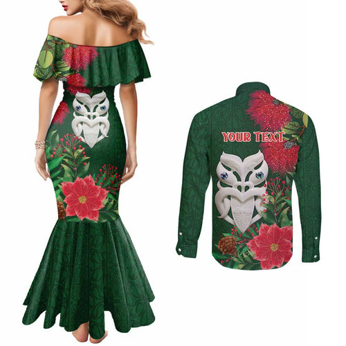 Maori Wheku Meri Kirihimete Personalised Couples Matching Mermaid Dress and Long Sleeve Button Shirt All Green Indigenous Maori Motif - Aussie Hoodie