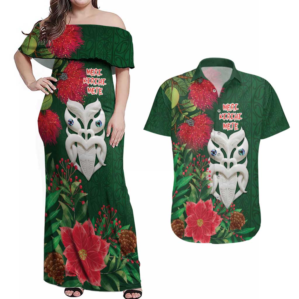 Maori Wheku Meri Kirihimete Personalised Couples Matching Off Shoulder Maxi Dress and Hawaiian Shirt All Green Indigenous Maori Motif - Aussie Hoodie