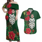 Maori Wheku Meri Kirihimete Personalised Couples Matching Off Shoulder Maxi Dress and Hawaiian Shirt All Green Indigenous Maori Motif - Aussie Hoodie