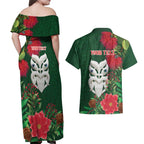 Maori Wheku Meri Kirihimete Personalised Couples Matching Off Shoulder Maxi Dress and Hawaiian Shirt All Green Indigenous Maori Motif - Aussie Hoodie
