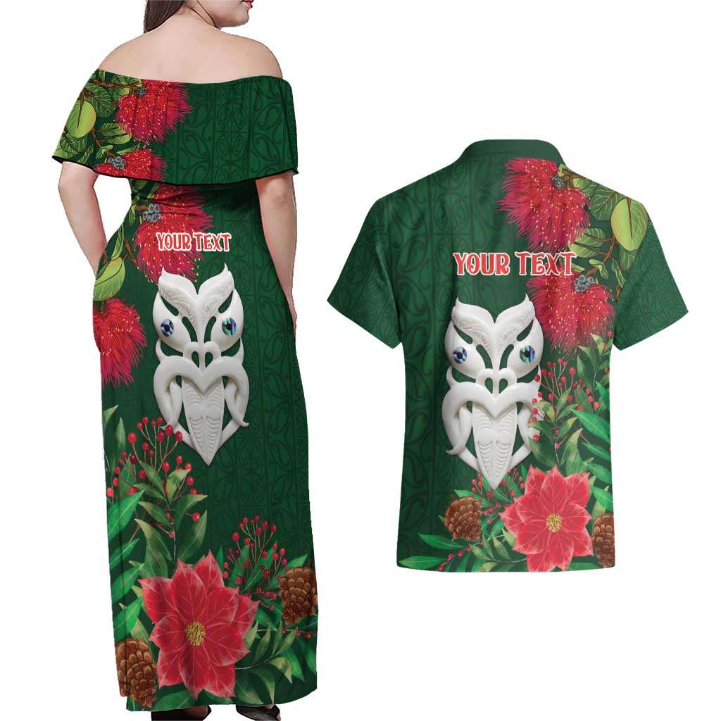 Maori Wheku Meri Kirihimete Personalised Couples Matching Off Shoulder Maxi Dress and Hawaiian Shirt All Green Indigenous Maori Motif - Aussie Hoodie