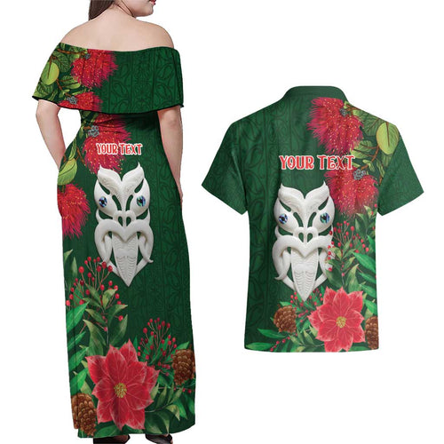 Maori Wheku Meri Kirihimete Personalised Couples Matching Off Shoulder Maxi Dress and Hawaiian Shirt All Green Indigenous Maori Motif - Aussie Hoodie