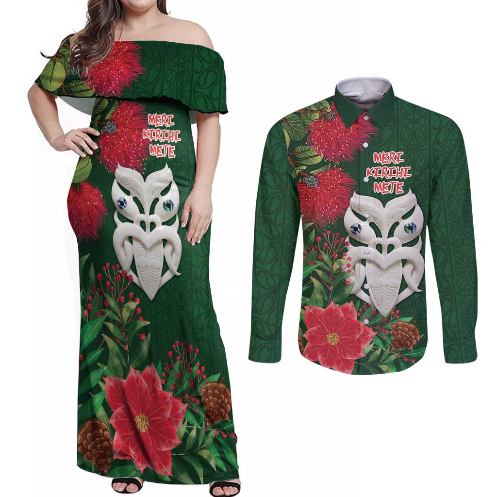 Maori Wheku Meri Kirihimete Personalised Couples Matching Off Shoulder Maxi Dress and Long Sleeve Button Shirt All Green Indigenous Maori Motif - Aussie Hoodie