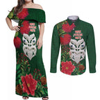 Maori Wheku Meri Kirihimete Personalised Couples Matching Off Shoulder Maxi Dress and Long Sleeve Button Shirt All Green Indigenous Maori Motif - Aussie Hoodie