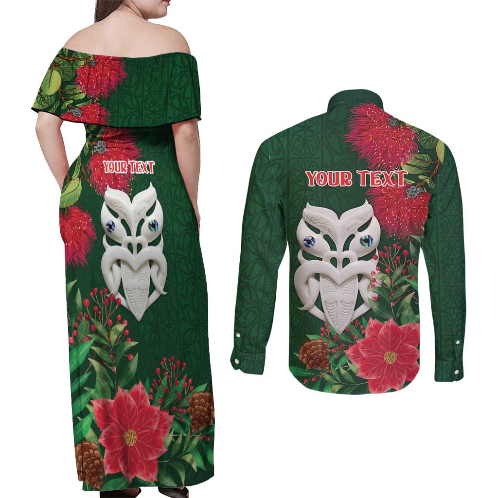 Maori Wheku Meri Kirihimete Personalised Couples Matching Off Shoulder Maxi Dress and Long Sleeve Button Shirt All Green Indigenous Maori Motif - Aussie Hoodie