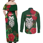 Maori Wheku Meri Kirihimete Personalised Couples Matching Off Shoulder Maxi Dress and Long Sleeve Button Shirt All Green Indigenous Maori Motif - Aussie Hoodie