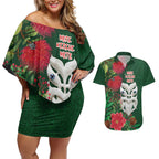 Maori Wheku Meri Kirihimete Personalised Couples Matching Off Shoulder Short Dress and Hawaiian Shirt All Green Indigenous Maori Motif - Aussie Hoodie