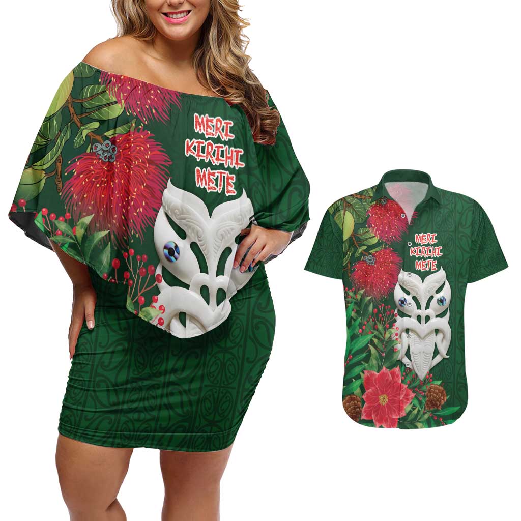 Maori Wheku Meri Kirihimete Personalised Couples Matching Off Shoulder Short Dress and Hawaiian Shirt All Green Indigenous Maori Motif - Aussie Hoodie