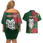 Maori Wheku Meri Kirihimete Personalised Couples Matching Off Shoulder Short Dress and Hawaiian Shirt All Green Indigenous Maori Motif - Aussie Hoodie