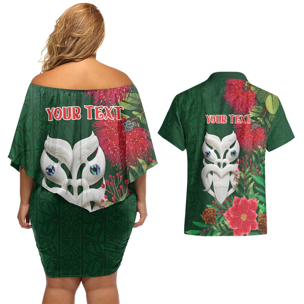 Maori Wheku Meri Kirihimete Personalised Couples Matching Off Shoulder Short Dress and Hawaiian Shirt All Green Indigenous Maori Motif - Aussie Hoodie