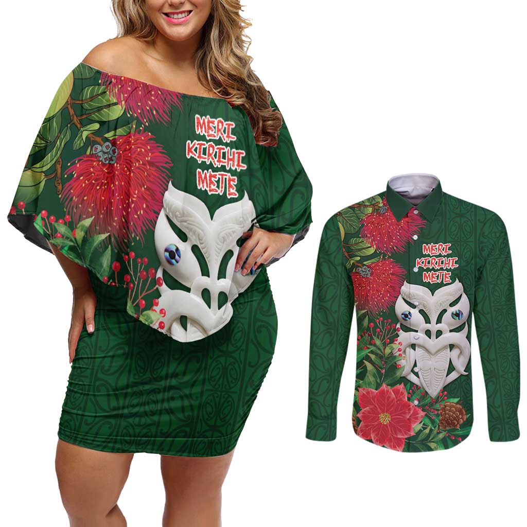 Maori Wheku Meri Kirihimete Personalised Couples Matching Off Shoulder Short Dress and Long Sleeve Button Shirt All Green Indigenous Maori Motif - Aussie Hoodie