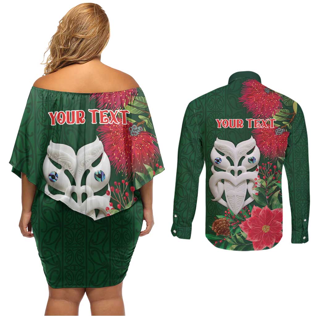 Maori Wheku Meri Kirihimete Personalised Couples Matching Off Shoulder Short Dress and Long Sleeve Button Shirt All Green Indigenous Maori Motif - Aussie Hoodie
